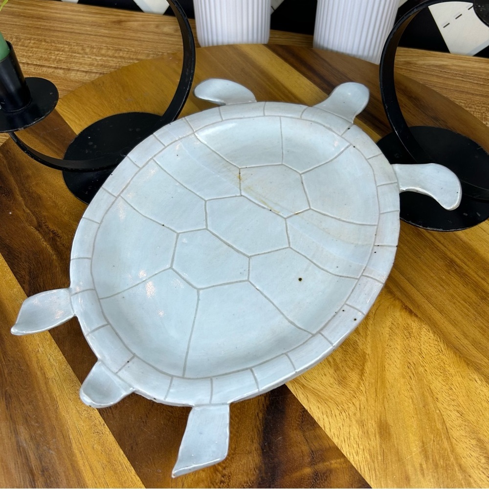 Ceramic Turtle Tray Gray Glazed Footed Platter, Coastal Cottage Style